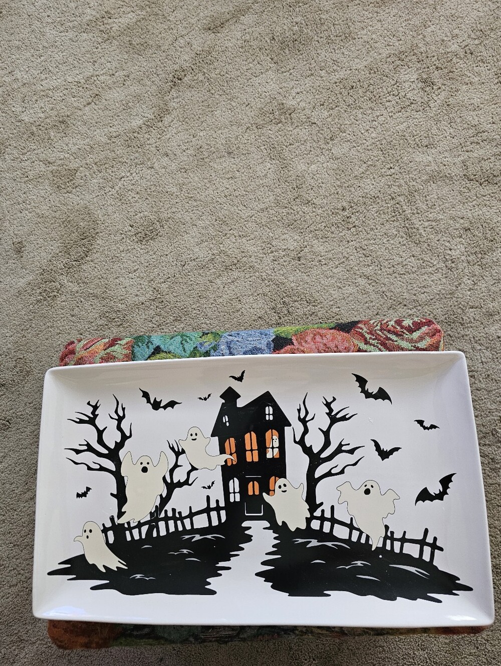 Large Stoneware Rectangular Halloween Ghost Platter 14.5x8.5"